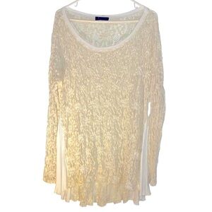 Lace Overlay Long-Sleeve Scoop Neck Blouse - Cream